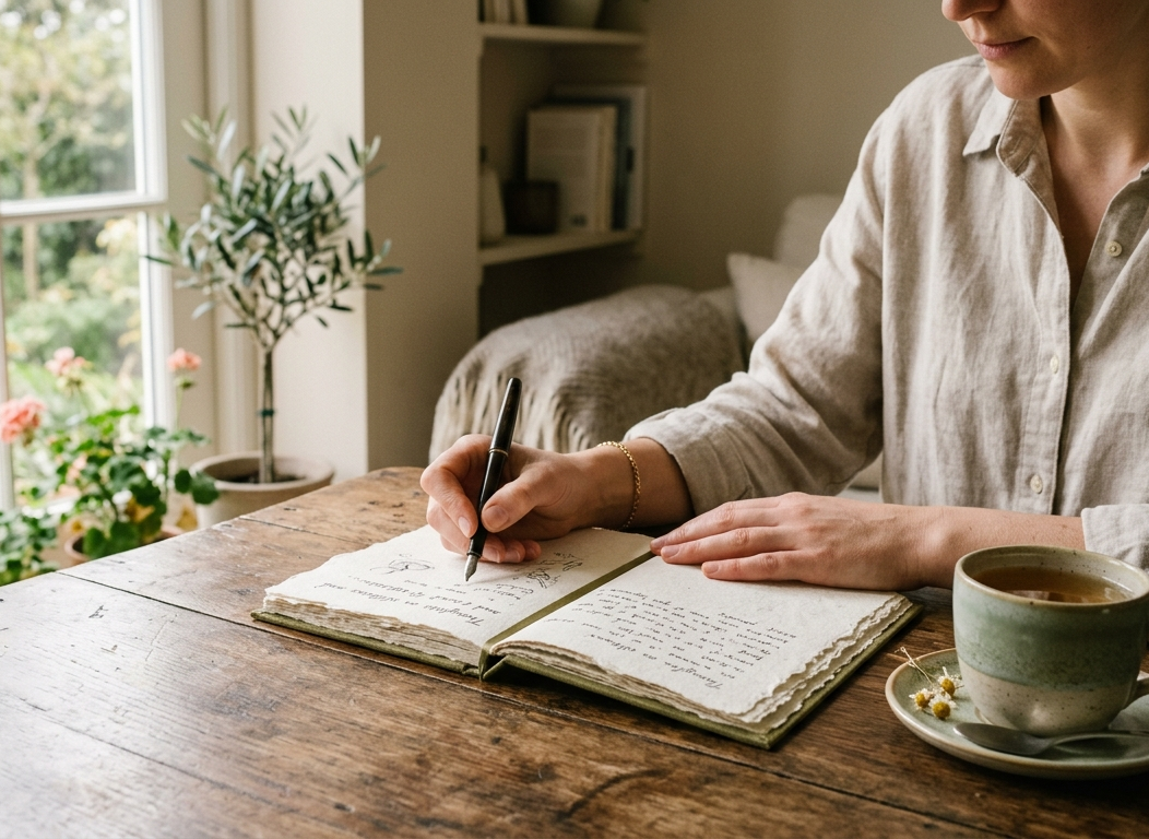 Persona che scrive riflessioni su un diario di benessere, con una tazza di tè accanto