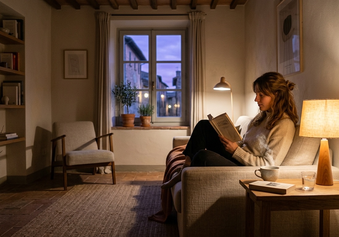 Serata tranquilla in casa: luce soffusa, libro aperto e tazza fumante su un tavolo di legno